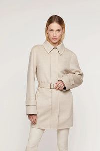 Cashmere jacket women in Loro Piana cashmere fabric. Pergamenta outside and grey inside, cashmere belt with silver buckle underlines the waist.
