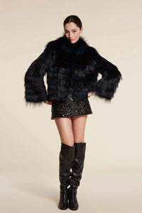 Short blue and black fox fur jacket with collar and fastening with hooks. Paolo Moretti's fox jackets womens