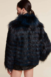 Short blue and black fox fur jacket with collar and fastening with hooks. Paolo Moretti's fox jackets womens