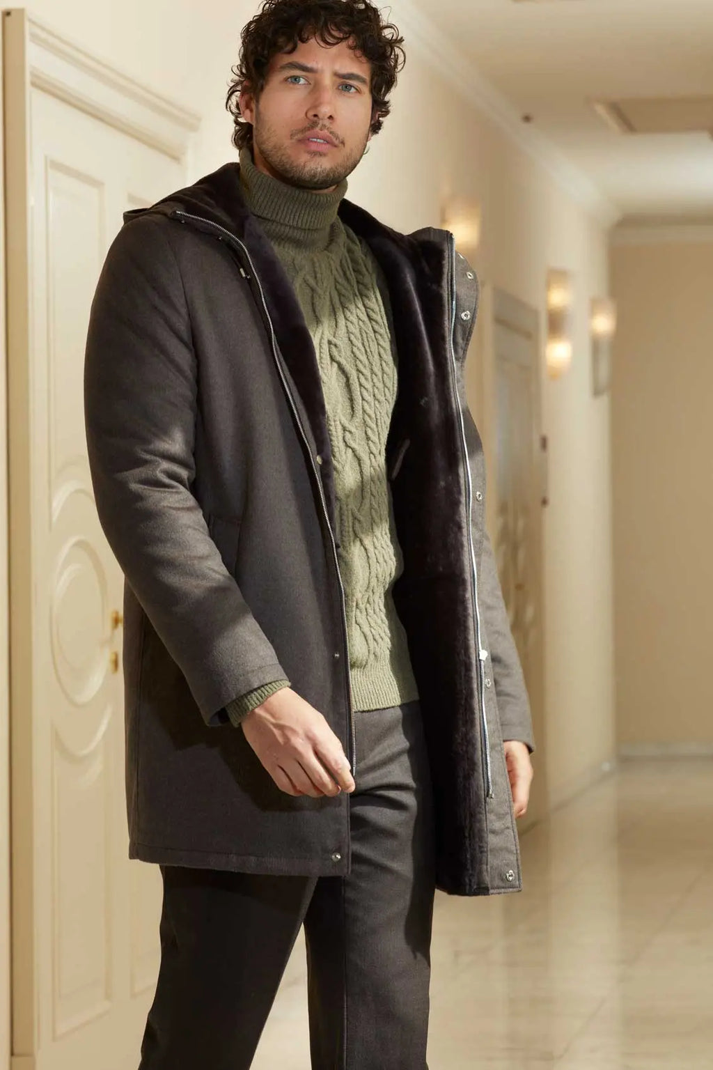 Mens winter coat with fur hood Italian fur producer since 1949