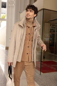 mens mink collar coat beige colour. Detachable mink trimming on the collar and on the front. Suede inserts on the pockets, on the collar and on the internal placket on the front. Padded and quilted inside. 