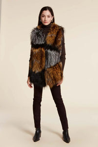 Real fox fur shawl in black, white and orange mixed colours  Hooks fastening. Black lining