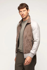 Brown suede jacket men with Loro Piana cashmere fabric inserts on sleeves and bottom and cuffs. Straight fit.
