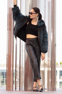 Reversible blue fox fur jacket womens with hood and zip fastening. Black nylon inserts on the cuffs and hem. Very young 