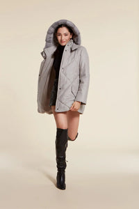 Mini grey puffer jacket with fur hood and high collar. Zip and press stud fastening. Removable hood with hidden zip