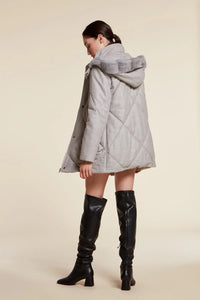 Mini grey puffer jacket with fur hood and high collar. Zip and press stud fastening. Removable hood with hidden zip