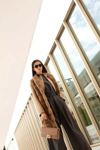 Midi Italian fur cashmere coat with mink vest. Camel outside/caramel inside. The vest has shawl collar, the coat has a fitted style