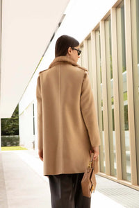 Midi Italian fur cashmere coat with mink vest. Camel outside/caramel inside. The vest has shawl collar, the coat has a fitted style