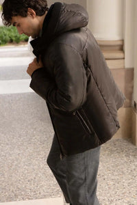 Hooded leather down jacket mens with beaver fur and  real down. Drawstring hem. Zip fastening