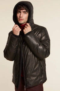 Hooded leather down jacket mens with beaver fur and  real down. Drawstring hem. Zip fastening
