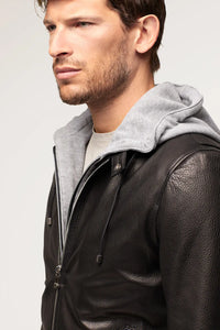 Mens black leather jacket with hood paolomoretti