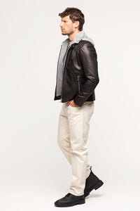 Mens black leather jacket with hood detachable in wool sweater for a sportive touch. Fitted on the waist and frontal zip