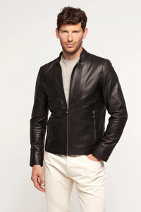 Mens black leather jacket with hood paolomoretti