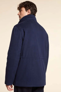 Mens blue jacket with fur collar made of soft blue LoroPiana cashmere fabric. Fastening with hidden buttons. Drawstring waist