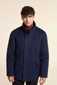 Mens blue jacket with fur collar made of soft blue LoroPiana cashmere fabric. Fastening with hidden buttons. Drawstring waist