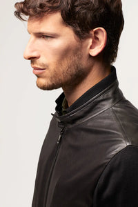 Mens leather jacket with textile sleeves paolomoretti