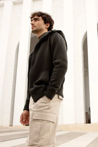 Short hooded mink sweater mens with beaver fur. Padded and quilted textile inside. Fitted on the waist. Zip fastening