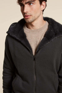 Short hooded mink sweater mens with beaver fur. Padded and quilted textile inside. Fitted on the waist. Zip fastening