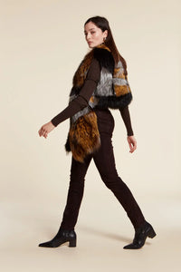 Real fox fur shawl in black, white and orange mixed colours  Hooks fastening. Black lining