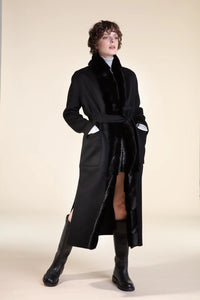 Womens long coat with black fur trimming paolomoretti