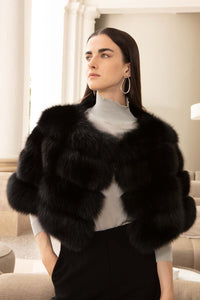 Glamurous and young short elegant black fox fur jacket neckless with short sleeves